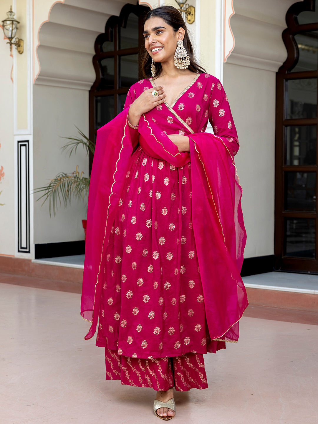 Janasya Women's Pink Brocade Woven Design Festive Angrakha Kurta Set