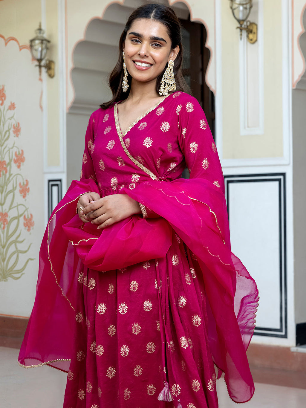 Janasya Women's Pink Brocade Woven Design Festive Angrakha Kurta Set