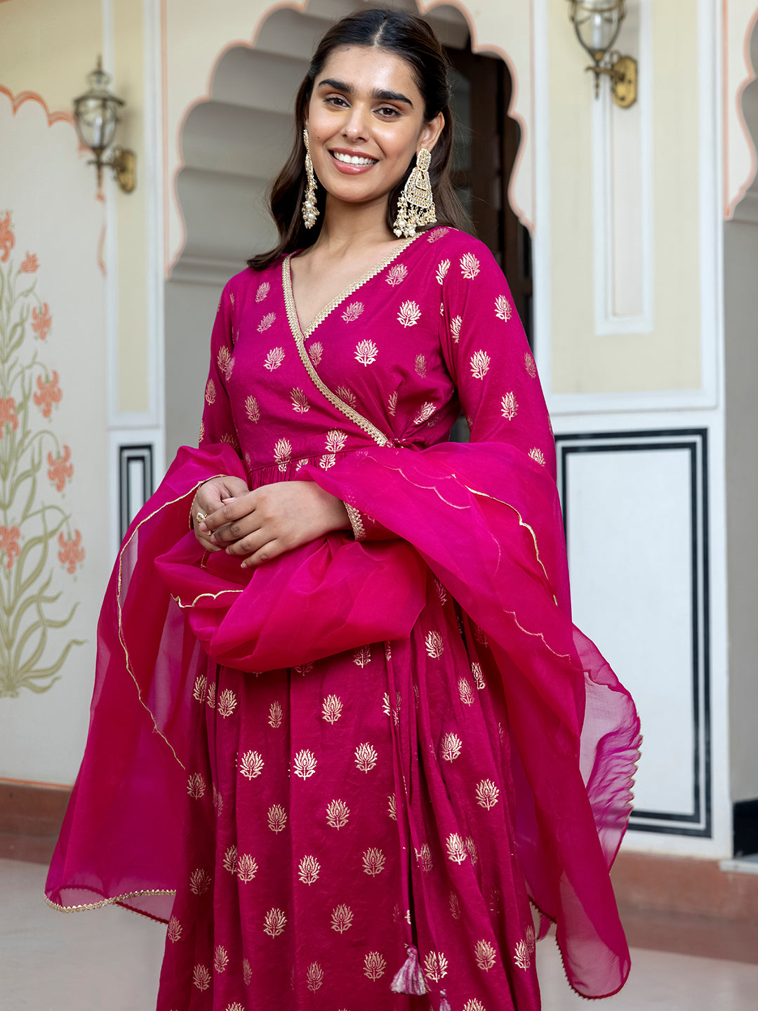 Janasya Women's Pink Brocade Woven Design Festive Angrakha Kurta Set