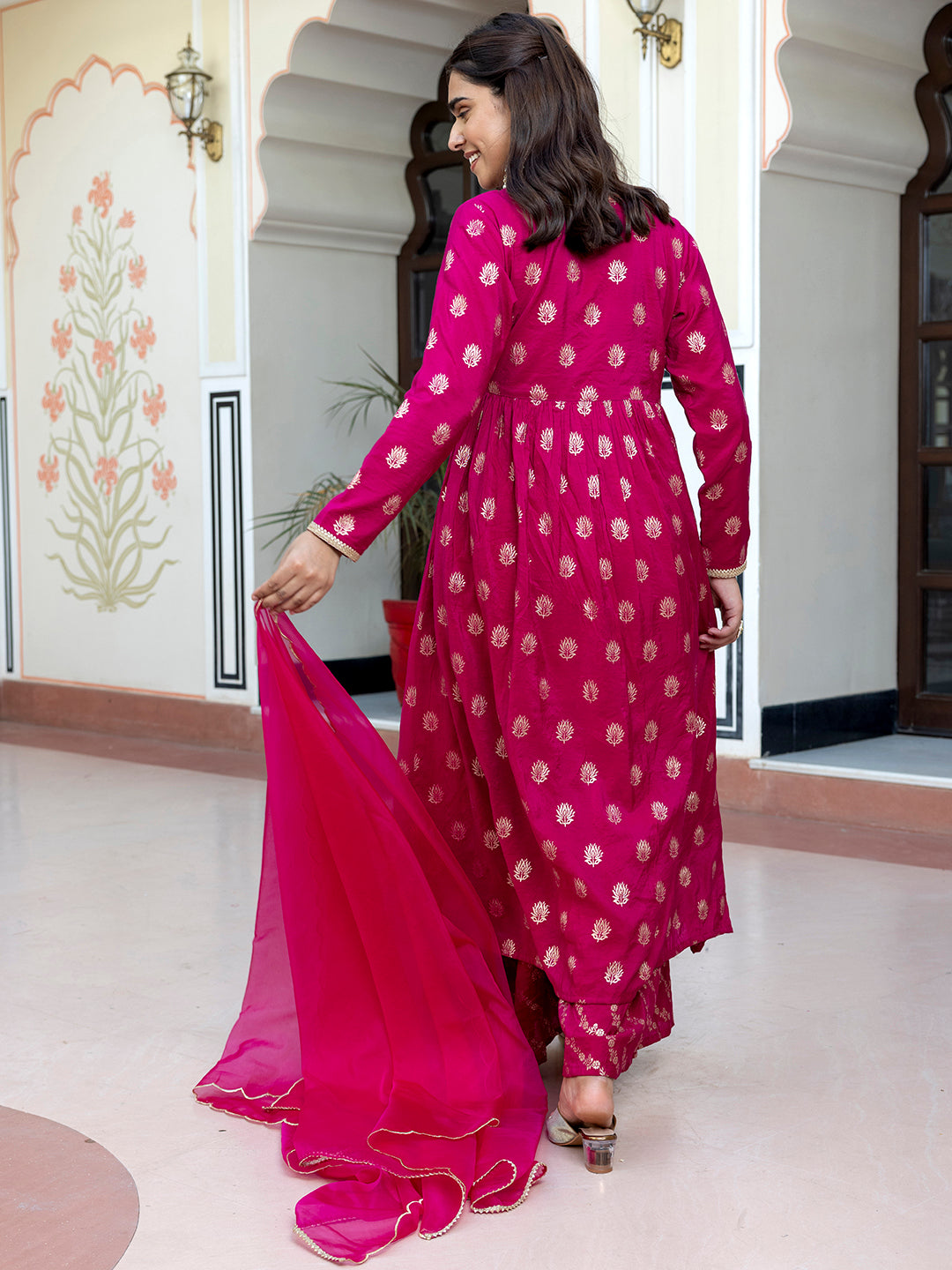 Janasya Women's Pink Brocade Woven Design Festive Angrakha Kurta Set