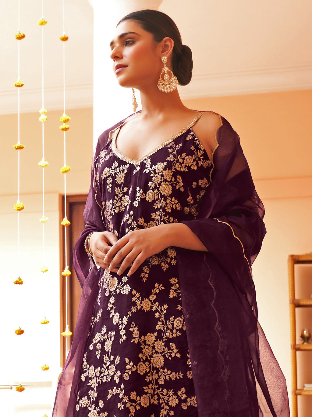 Janasya Women's Purple Brocade Woven Design Festive Straight Kurta Set