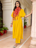 Janasya Women's Mustard Rayon Solid Festive Gathered Kurta Set