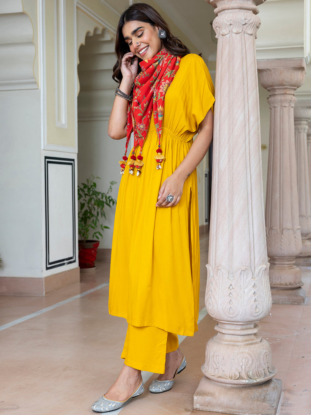 Janasya Women's Mustard Rayon Solid Festive Gathered Kurta Set