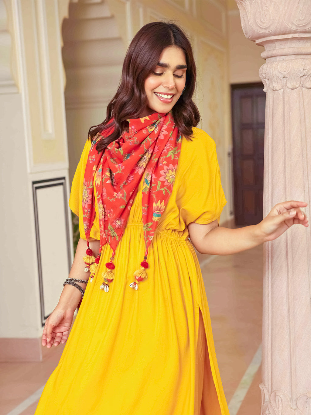 Janasya Women's Mustard Rayon Solid Festive Gathered Kurta Set