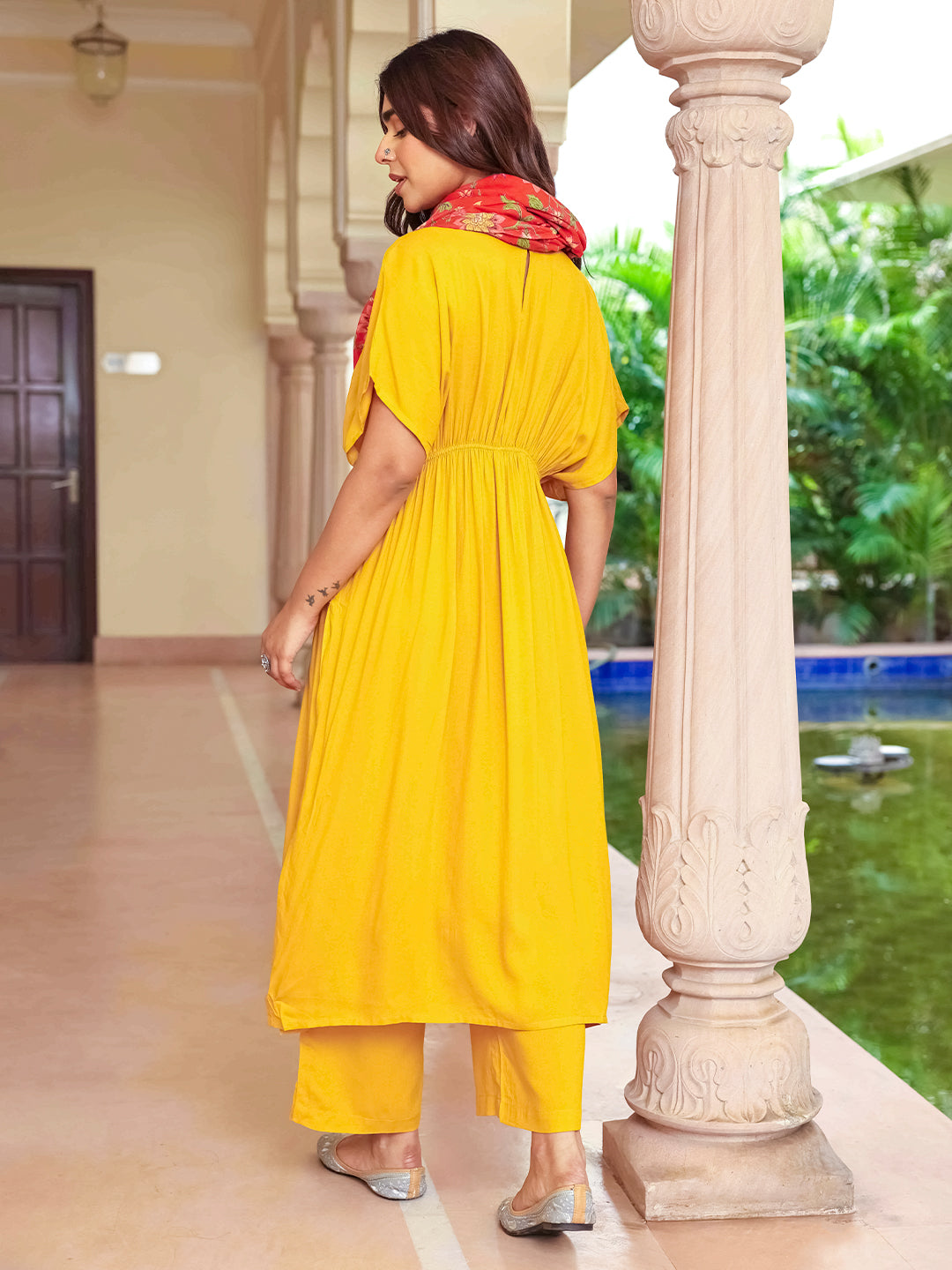 Janasya Women's Mustard Rayon Solid Festive Gathered Kurta Set