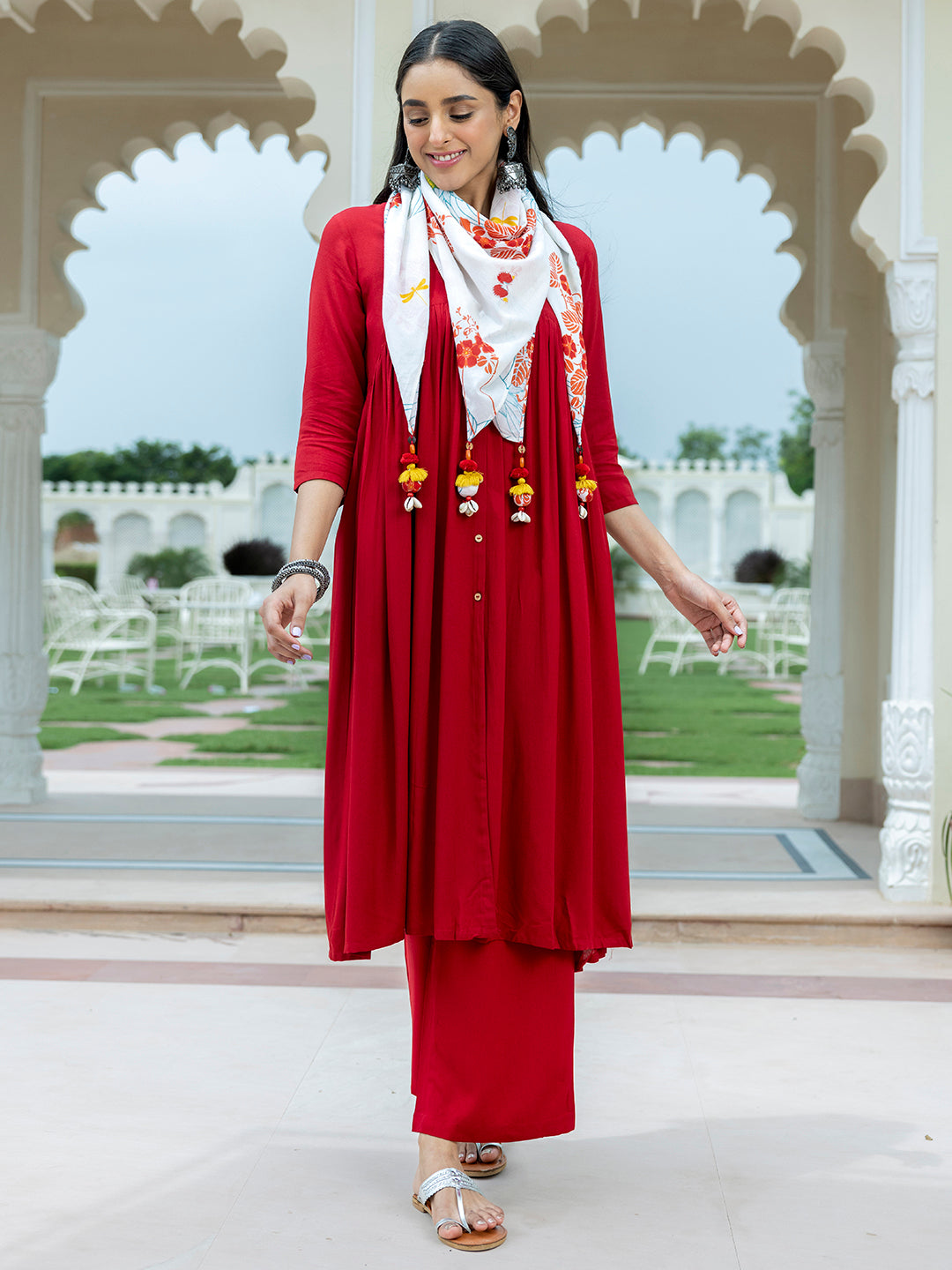 Janasya Women's Maroon Rayon Solid Festive Gathered Kurta Set