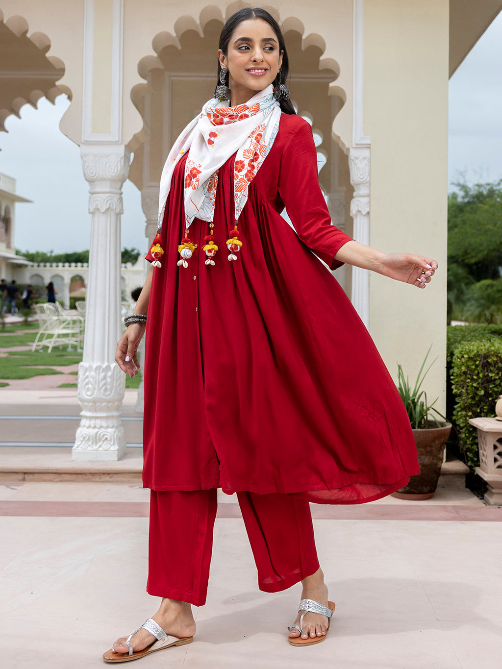 Janasya Women's Maroon Rayon Solid Festive Gathered Kurta Set