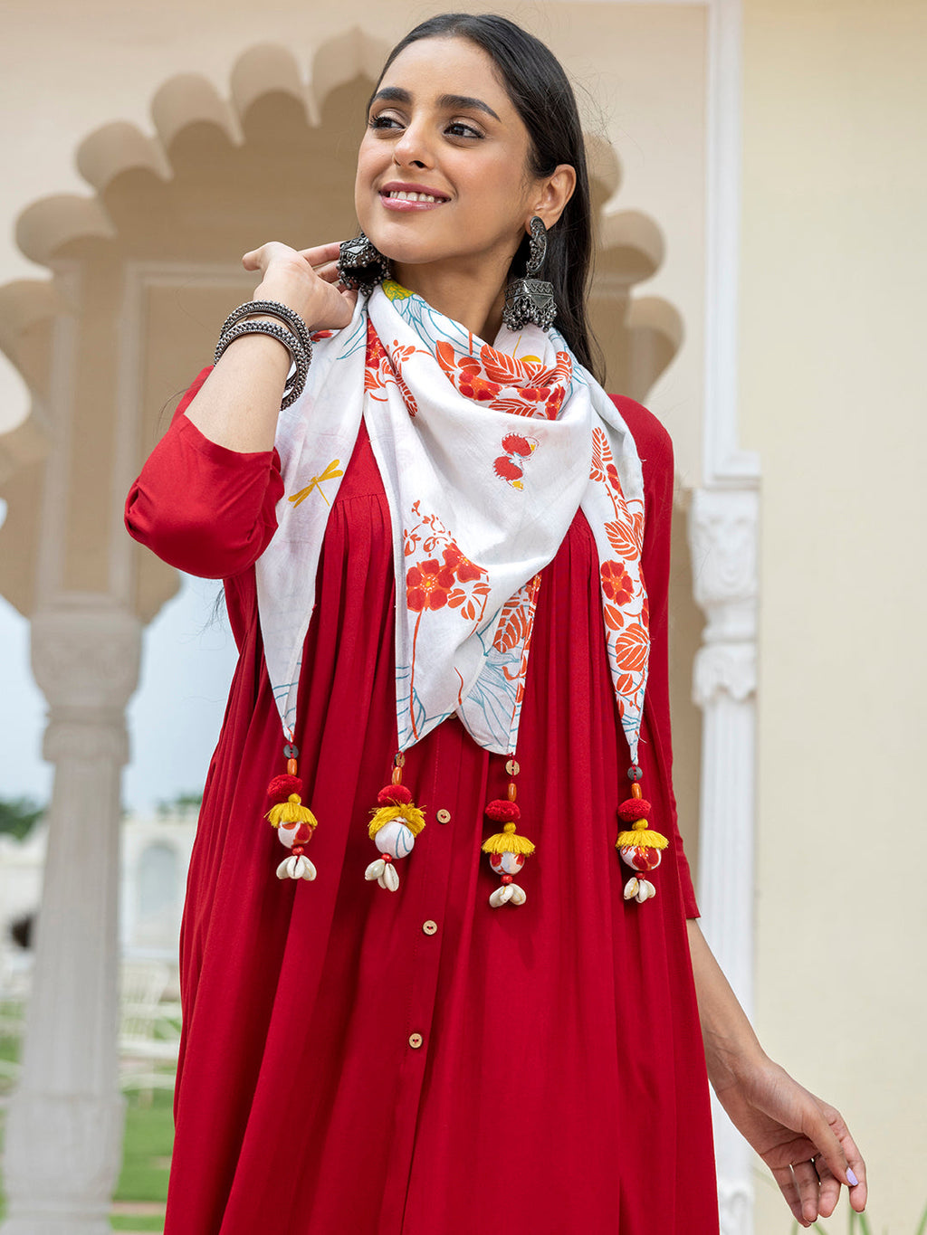 Janasya Women's Maroon Rayon Solid Festive Gathered Kurta Set