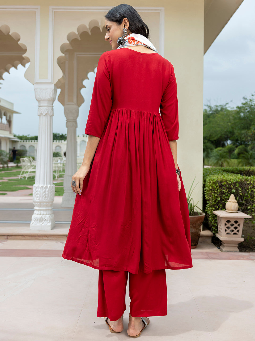 Janasya Women's Maroon Rayon Solid Festive Gathered Kurta Set