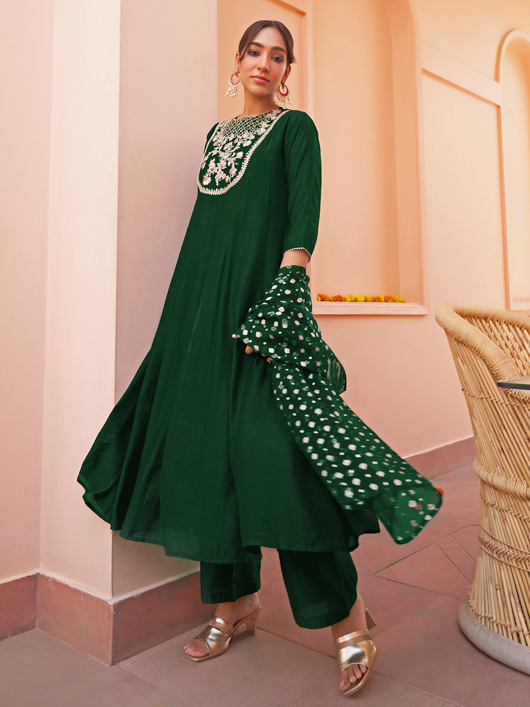 Janasya Women's Dark Green Chanderi Embellished Festive Anarkali Kurta Set