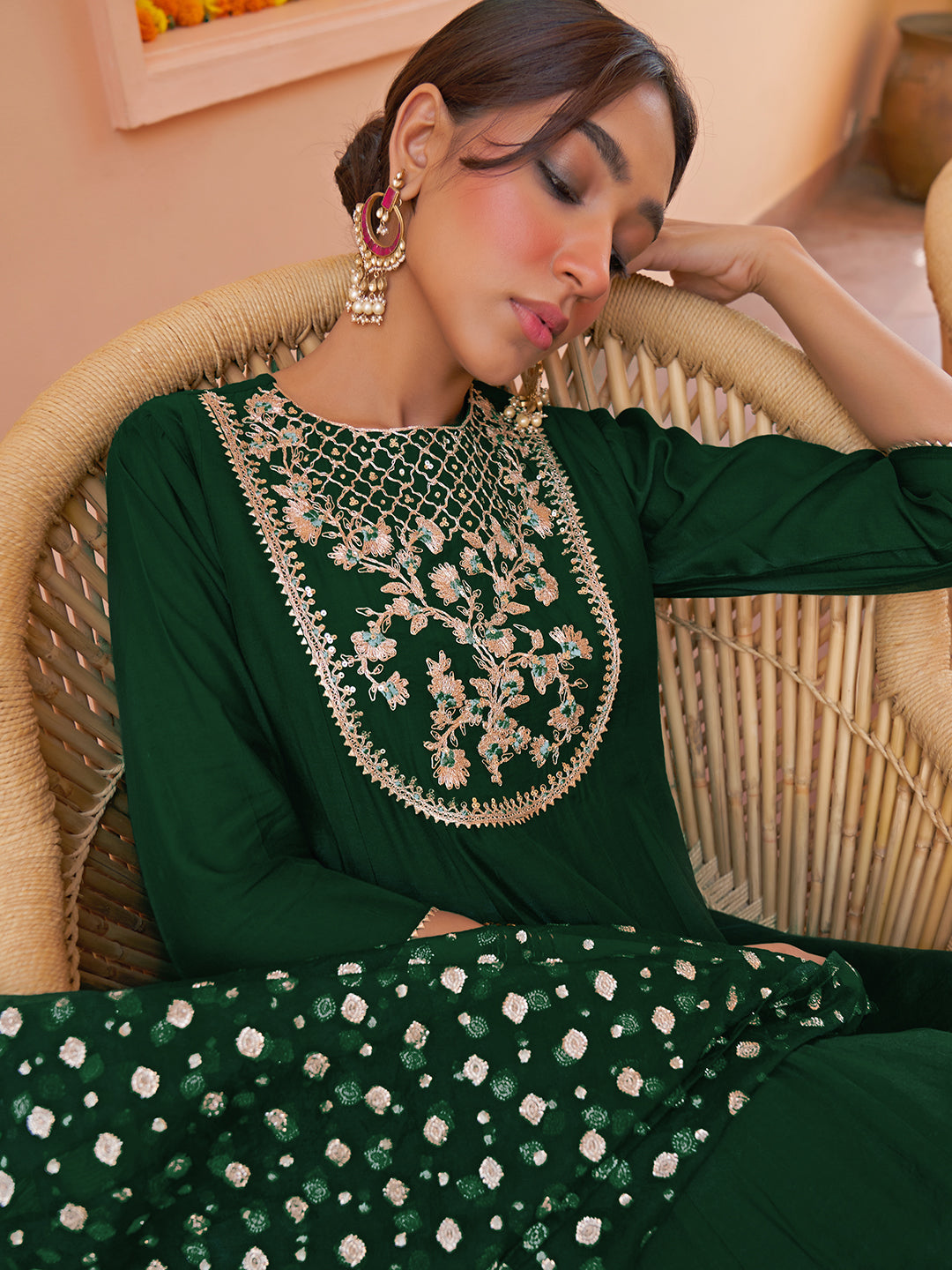 Janasya Women's Dark Green Chanderi Embellished Festive Anarkali Kurta Set