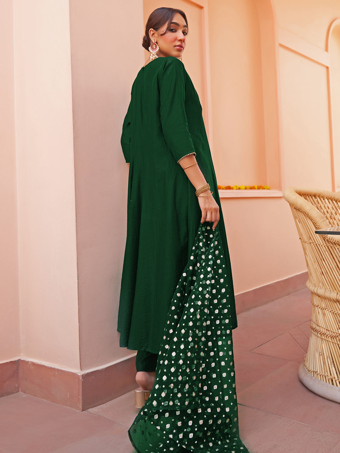 Janasya Women's Dark Green Chanderi Embellished Festive Anarkali Kurta Set