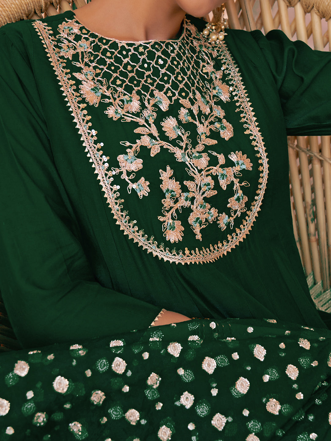 Janasya Women's Dark Green Chanderi Embellished Festive Anarkali Kurta Set