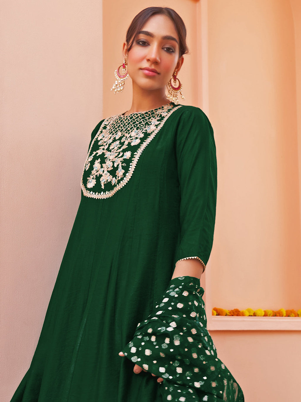 Janasya Women's Dark Green Chanderi Embellished Festive Anarkali Kurta Set