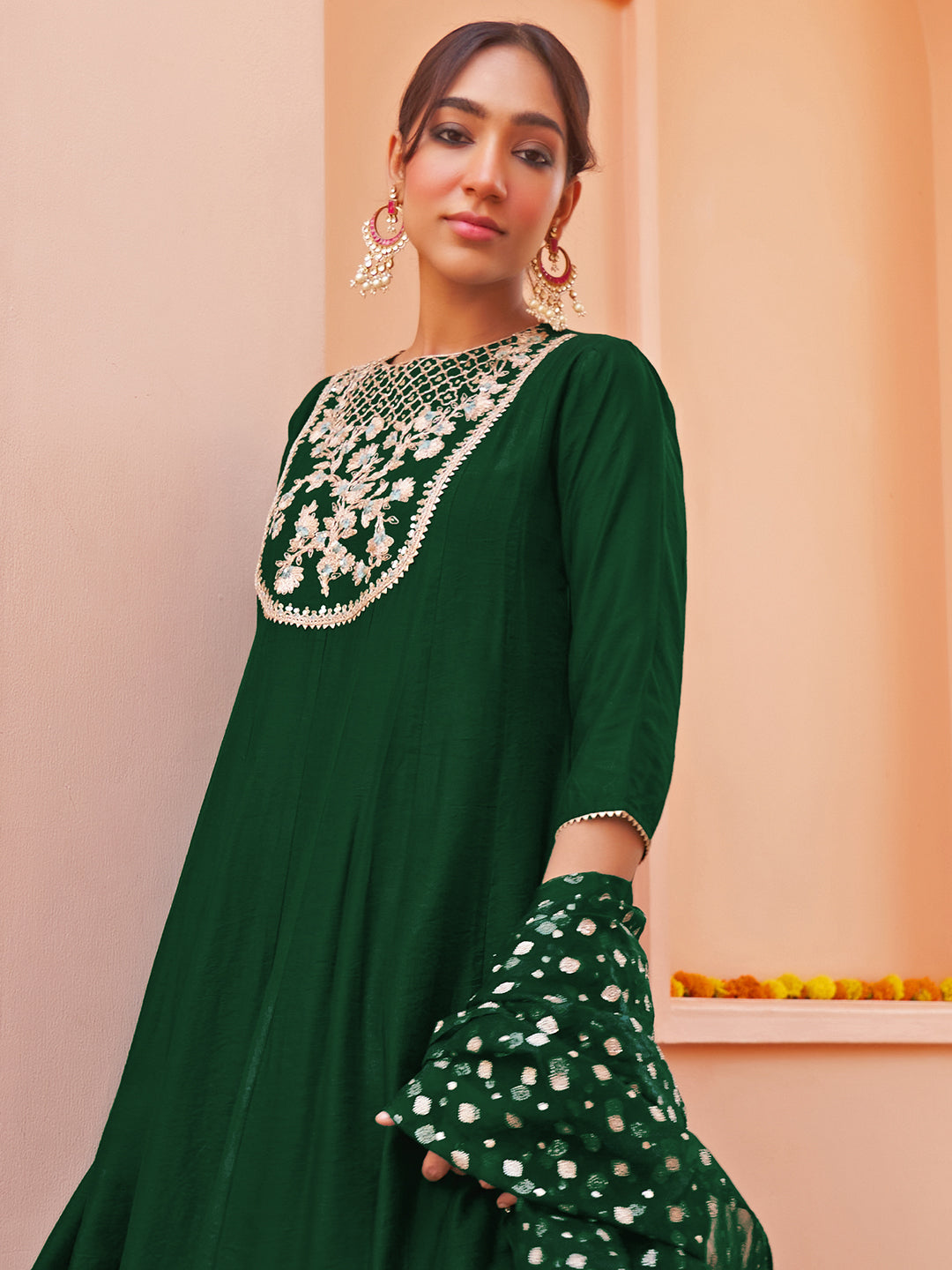 Janasya Women's Dark Green Chanderi Embellished Festive Anarkali Kurta Set