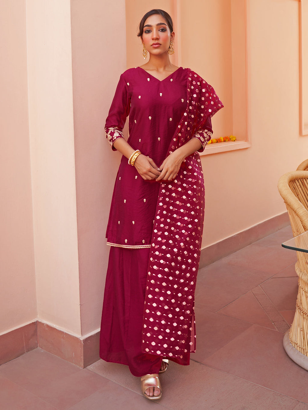 Janasya Women's Pink Chanderi Embellished Festive Straight Kurta Set