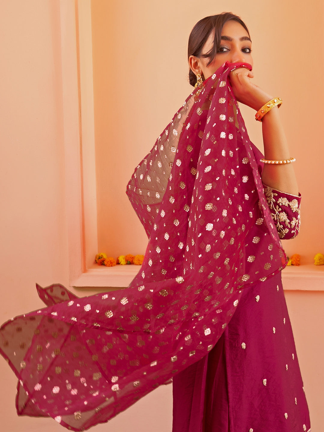 Janasya Women's Pink Chanderi Embellished Festive Straight Kurta Set