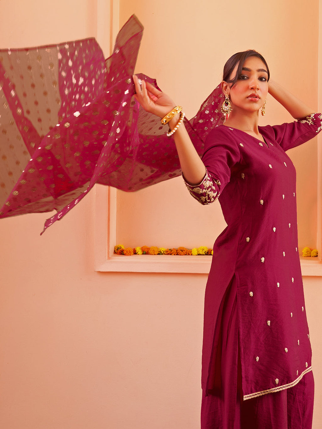 Janasya Women's Pink Chanderi Embellished Festive Straight Kurta Set