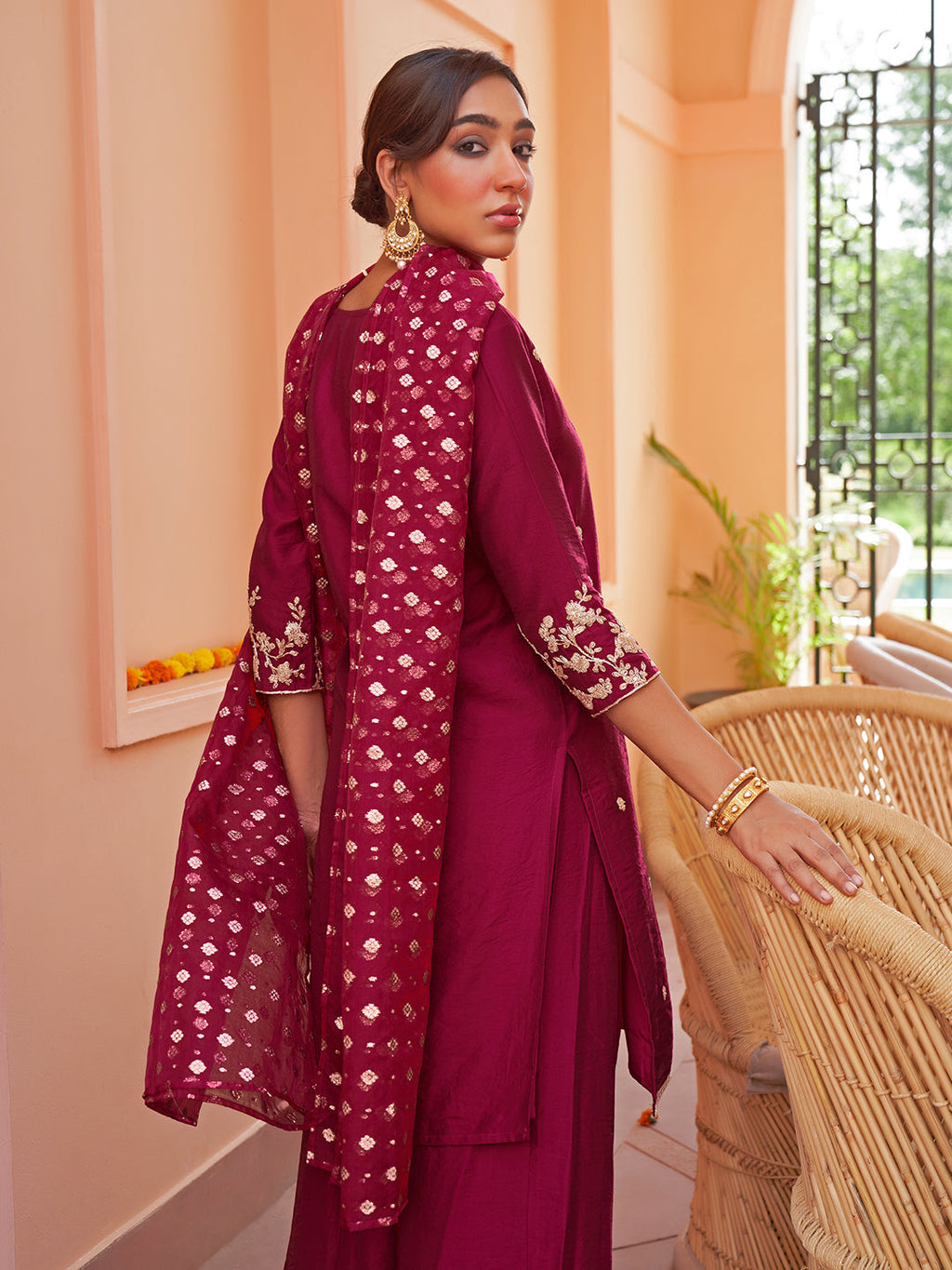 Janasya Women's Pink Chanderi Embellished Festive Straight Kurta Set