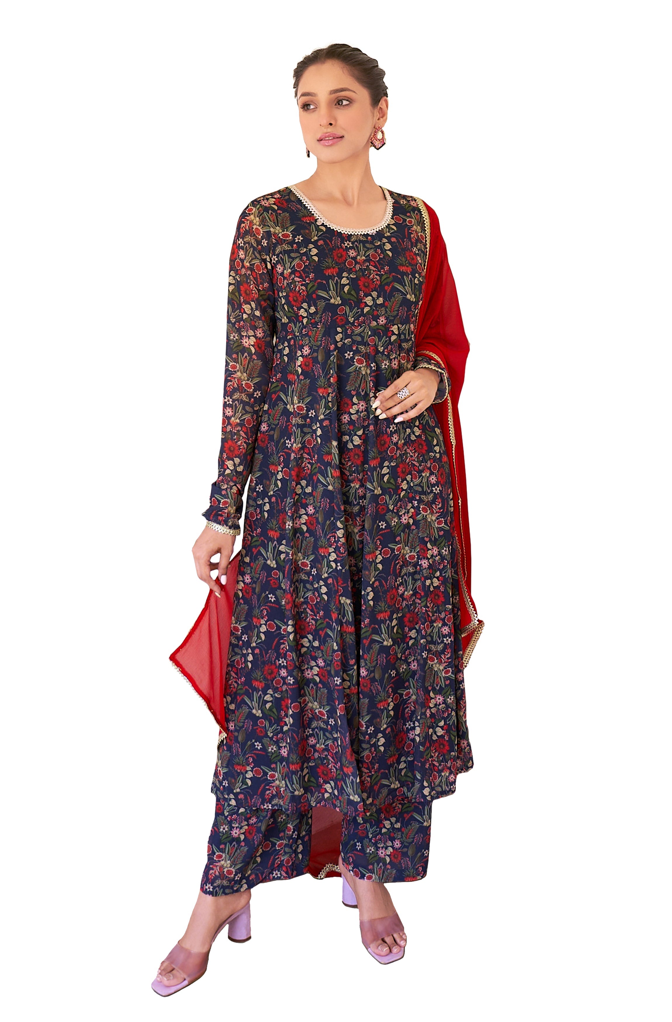 Janasya Dark Teal Blue Georgette Digital Floral Printed Set