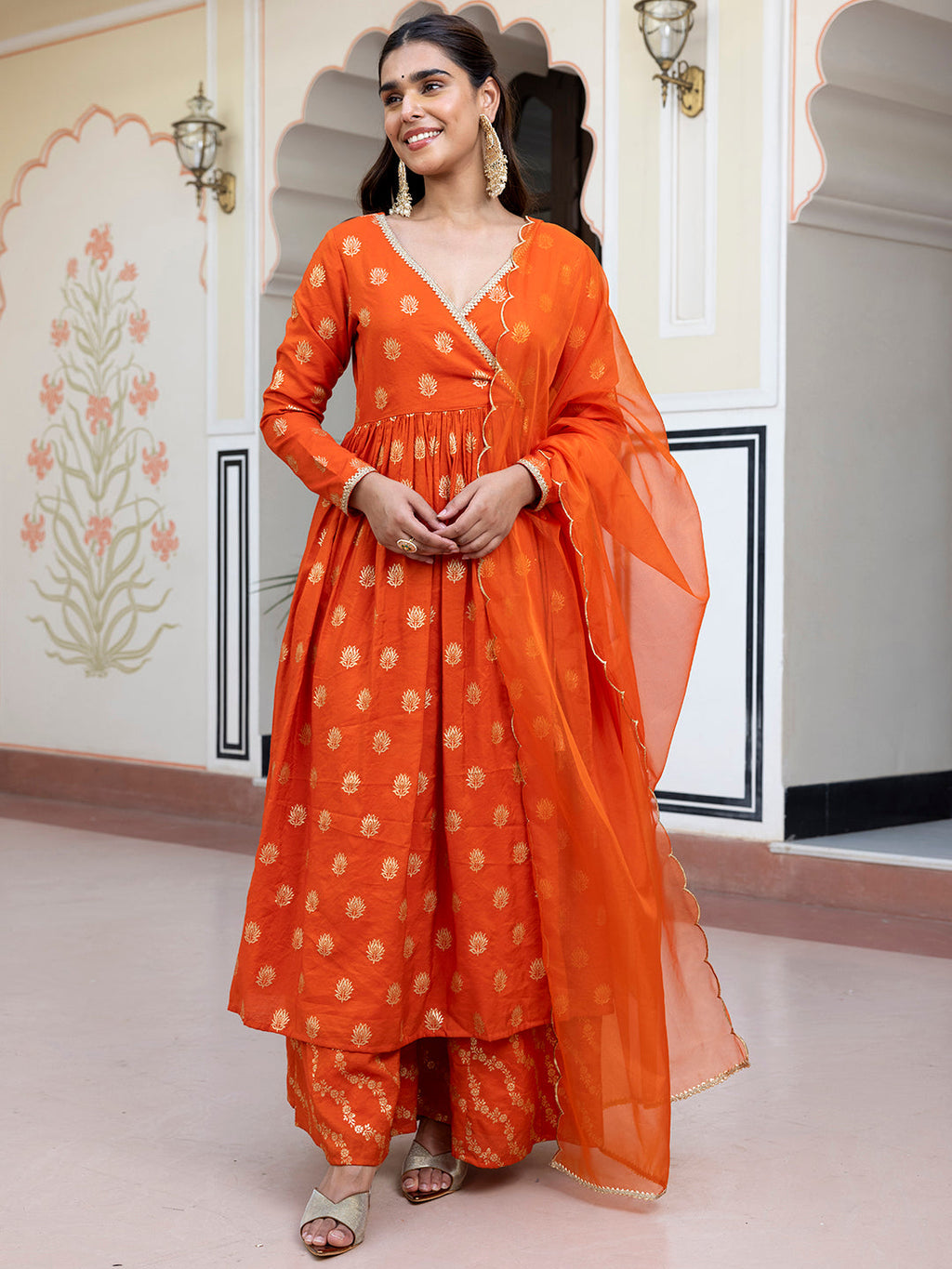 Janasya Women's Orange Brocade Woven Design Festive Angrakha Kurta Set