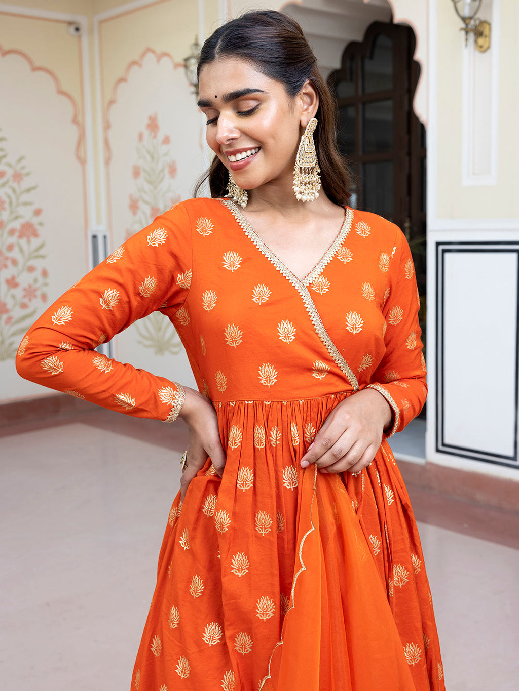 Janasya Women's Orange Brocade Woven Design Festive Angrakha Kurta Set