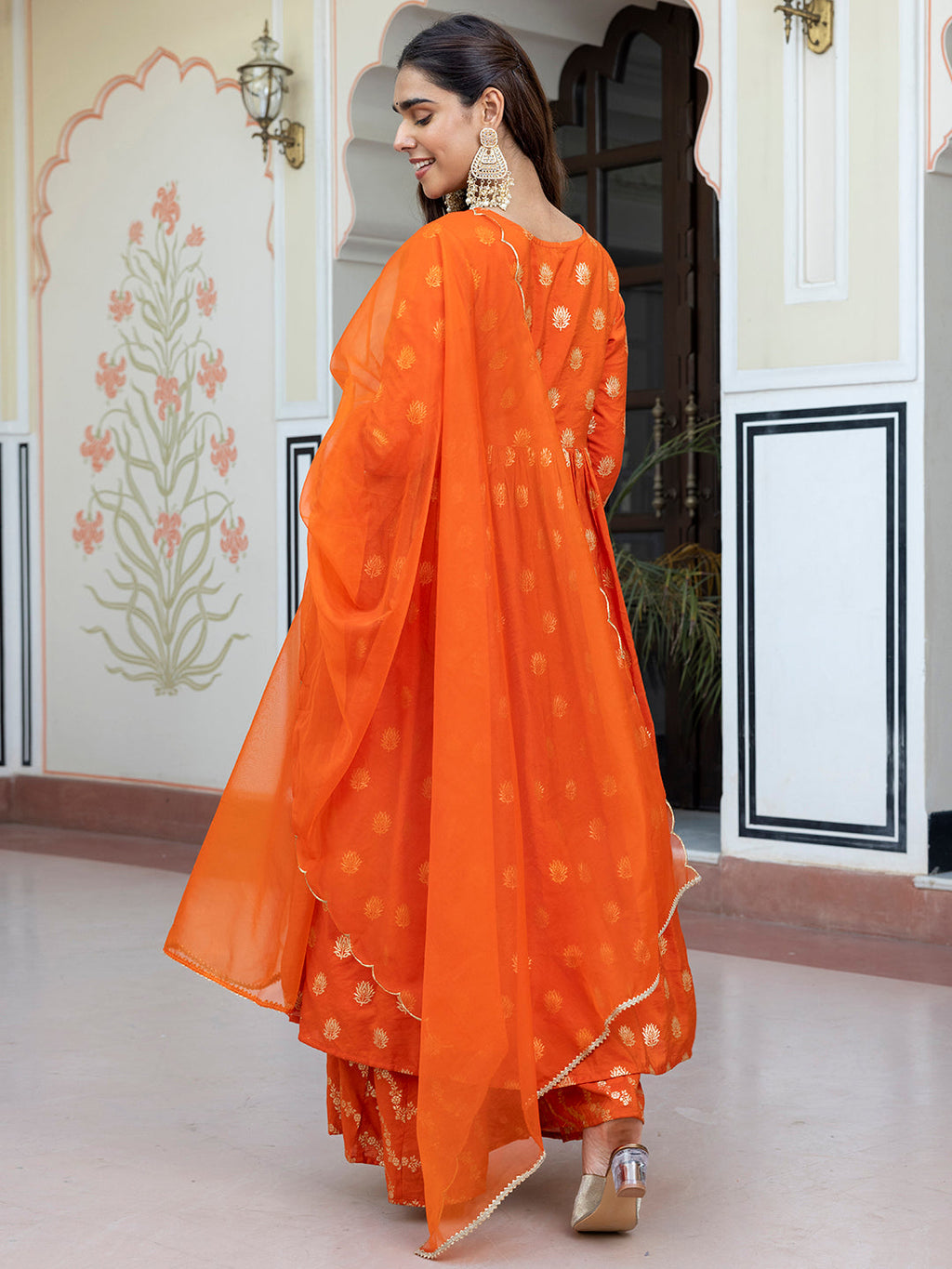 Janasya Women's Orange Brocade Woven Design Festive Angrakha Kurta Set