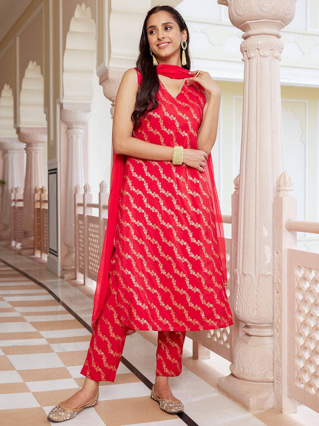 Janasya Women's Red Brocade Woven Design Festive Straight Kurta Set