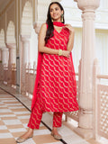 Janasya Women's Red Brocade Woven Design Festive Straight Kurta Set