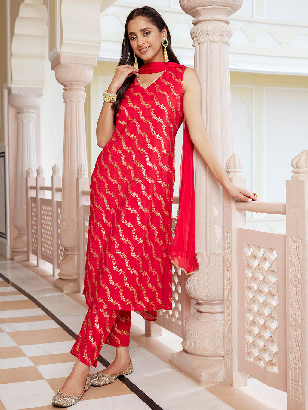 Janasya Women's Red Brocade Woven Design Festive Straight Kurta Set