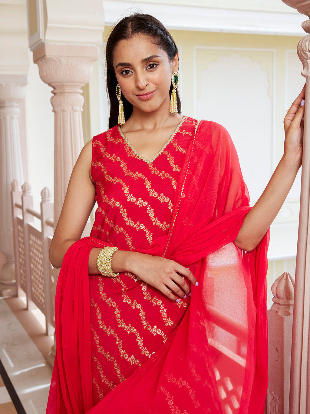 Janasya Women's Red Brocade Woven Design Festive Straight Kurta Set