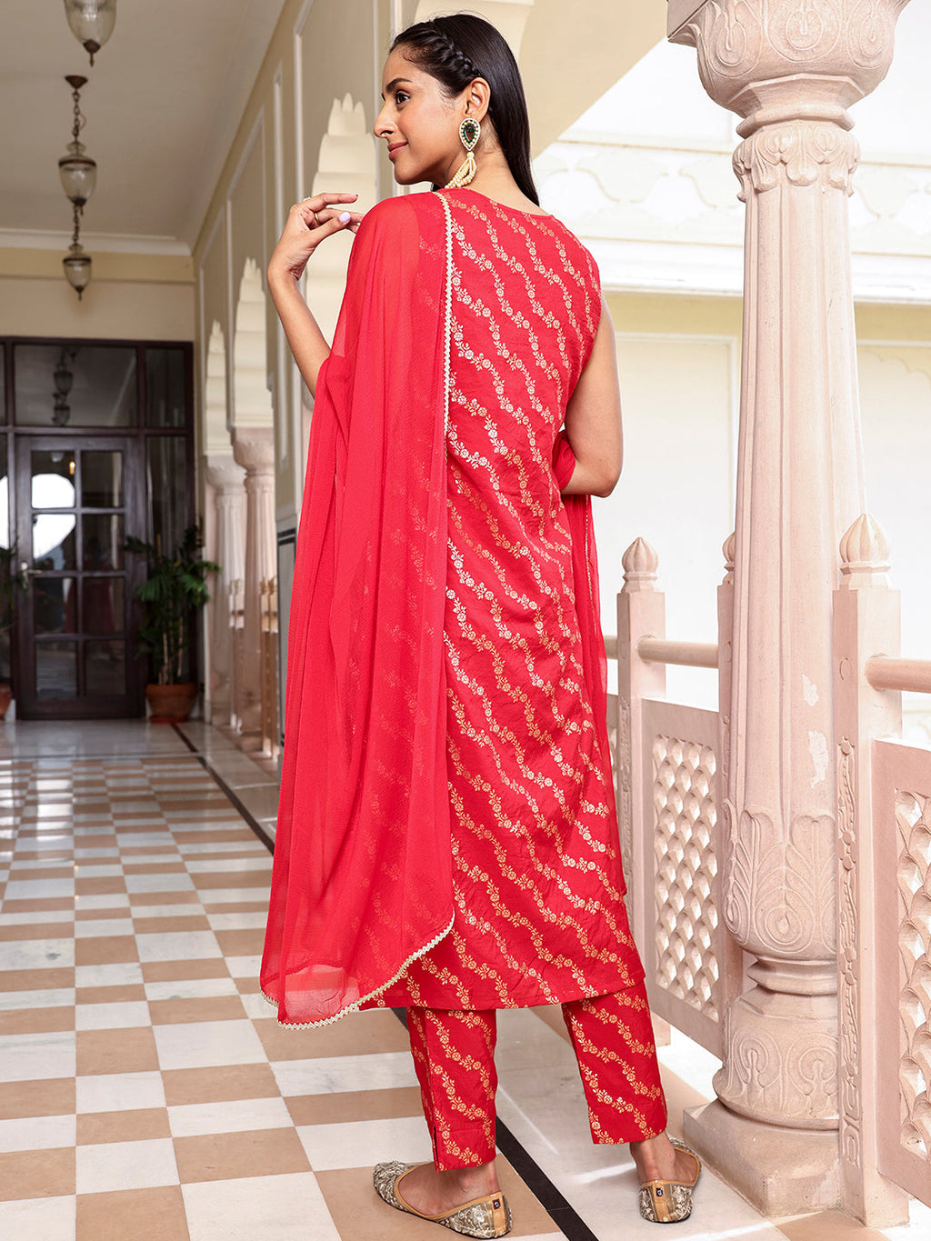 Janasya Women's Red Brocade Woven Design Festive Straight Kurta Set