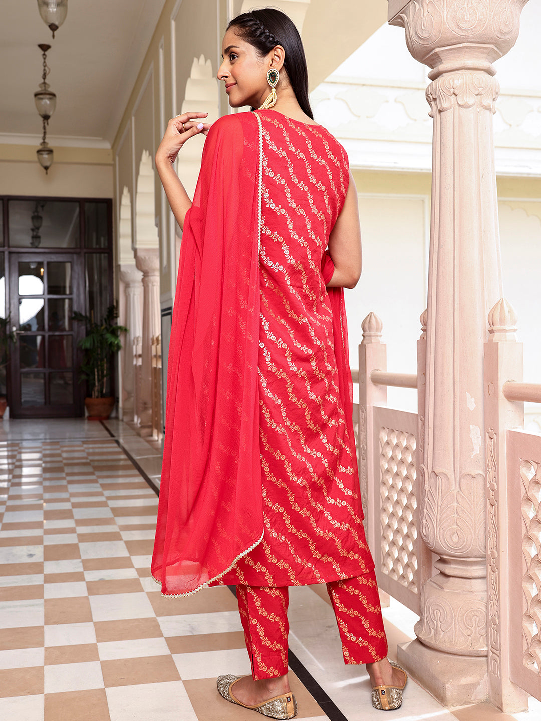 Janasya Women's Red Brocade Woven Design Festive Straight Kurta Set