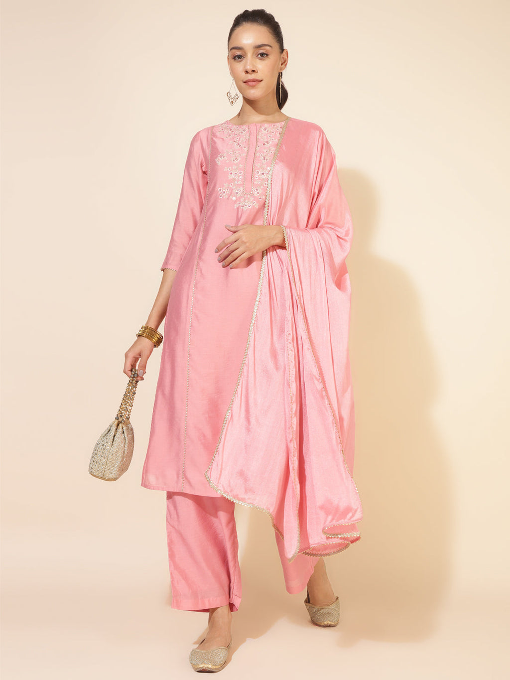 Janasya Pink Chanderi Embellished Set