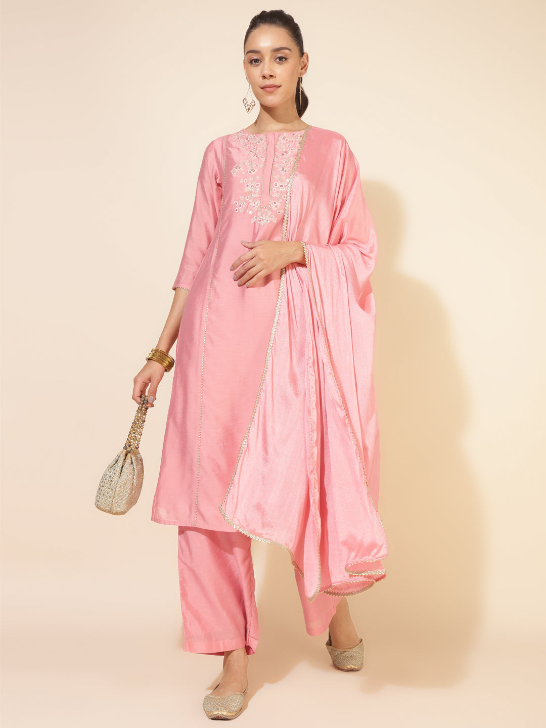 Janasya Pink Chanderi Embellished Set