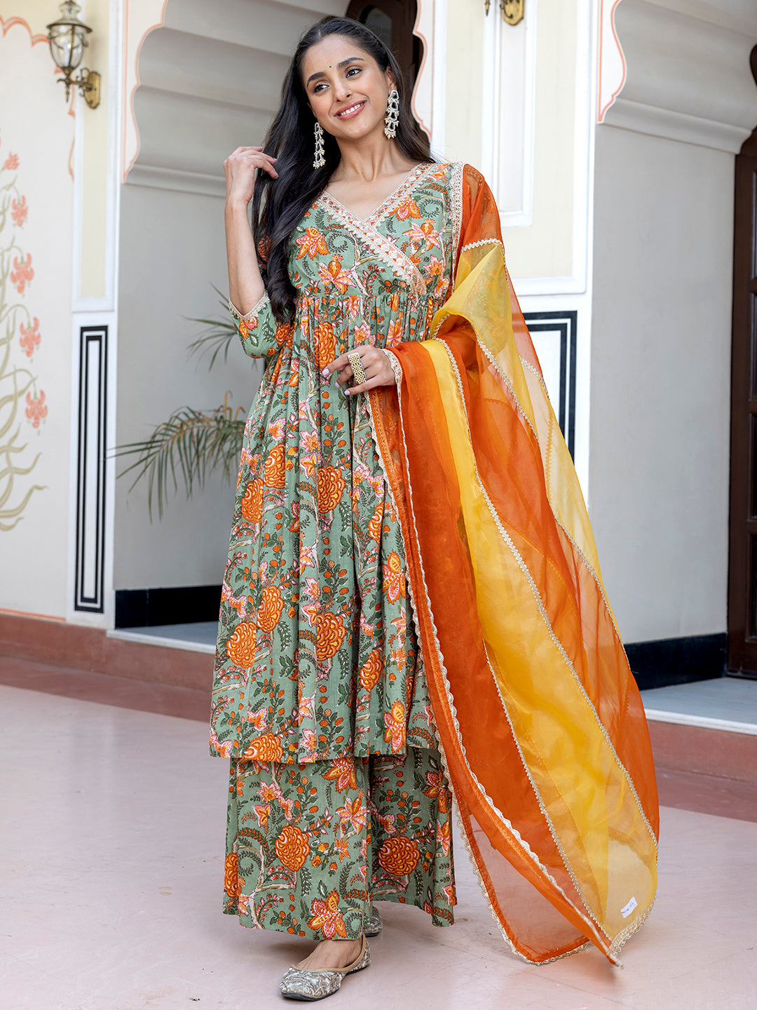 Janasya Women's Green Cotton Embellished Ethnic Printed Festive Flared Kurta Set