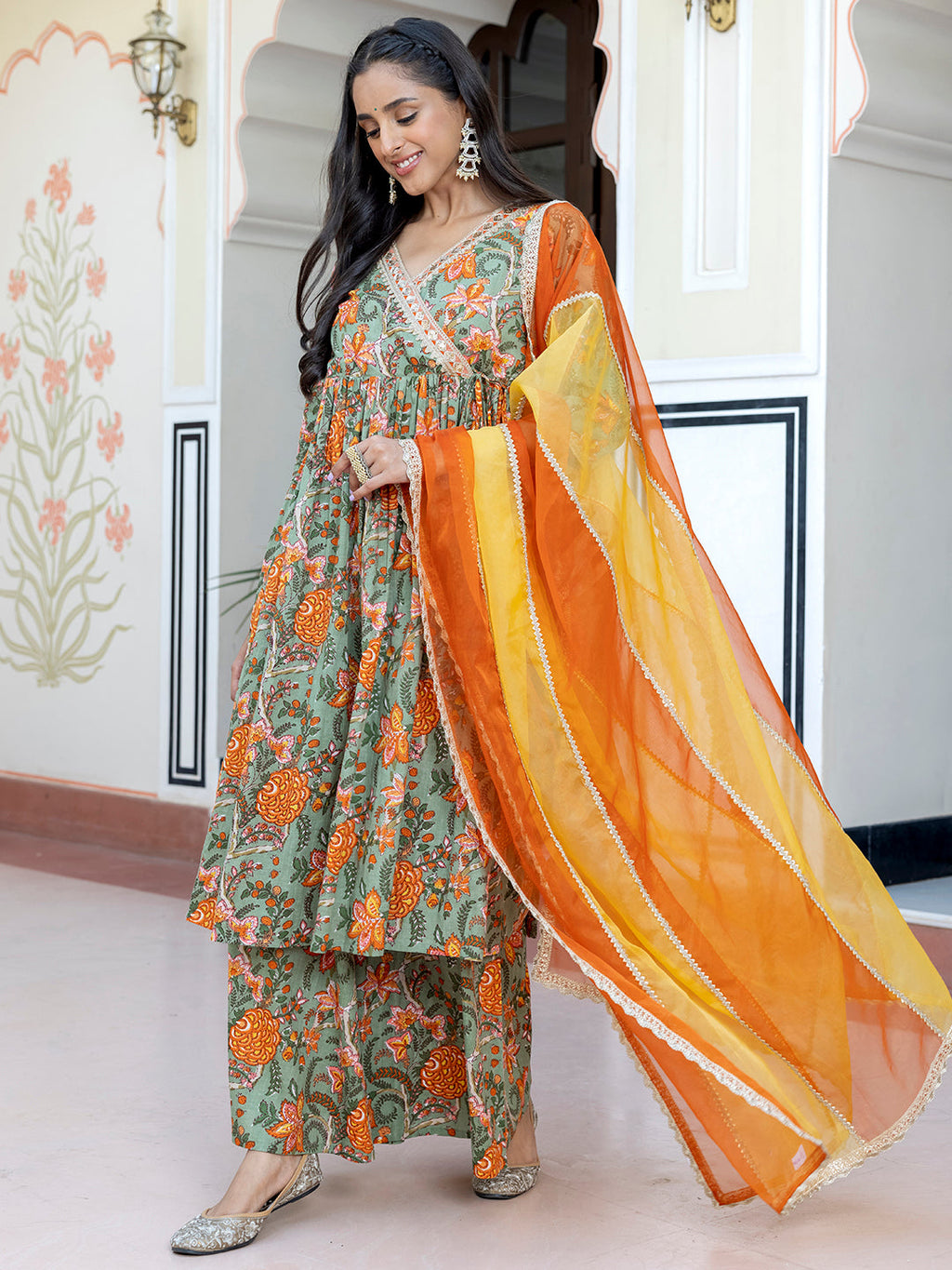 Janasya Women's Green Cotton Embellished Ethnic Printed Festive Flared Kurta Set