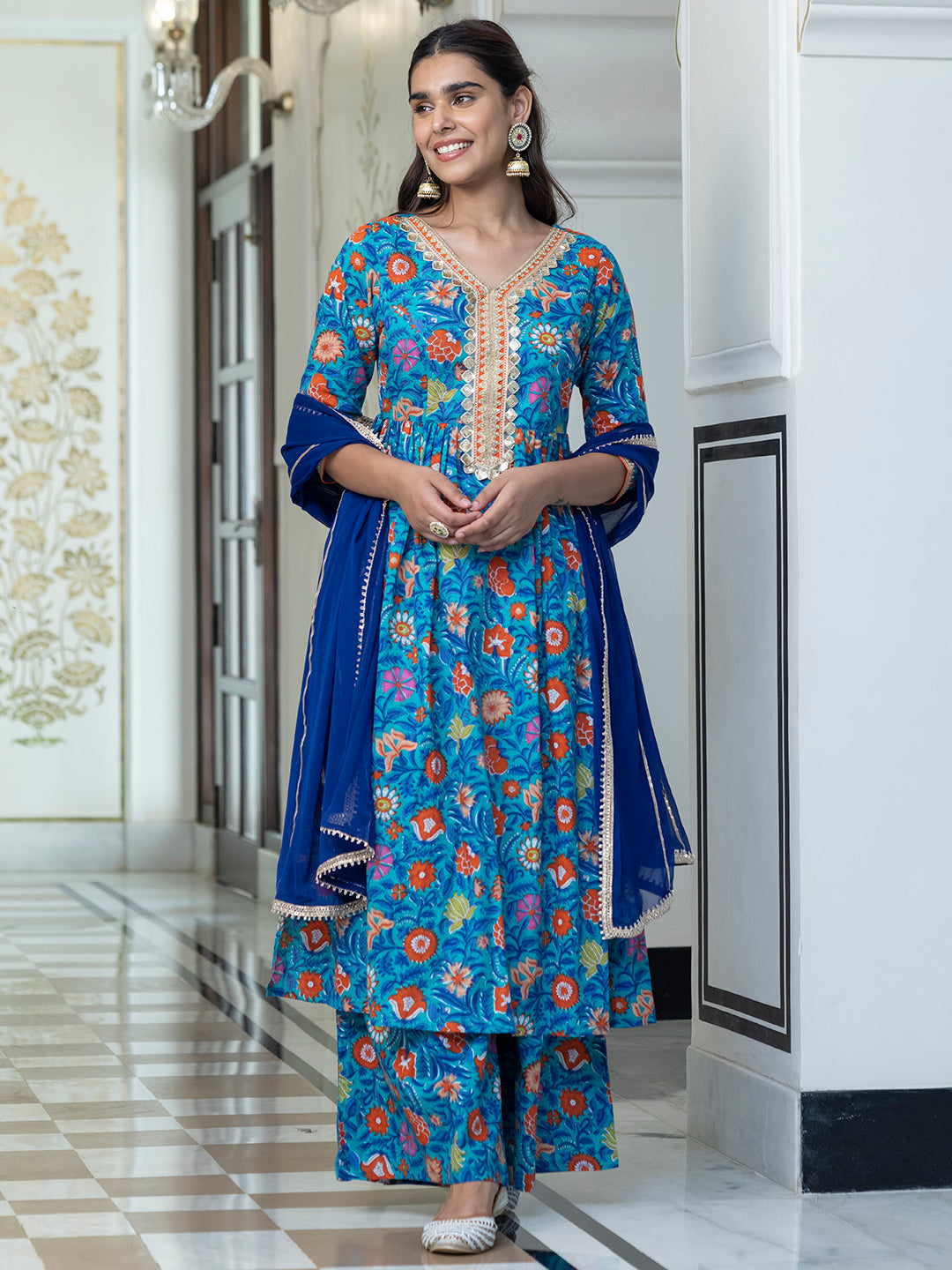 Janasya Women's Sky blue Cotton Embellished Ethnic Printed Festive Flared Kurta Set