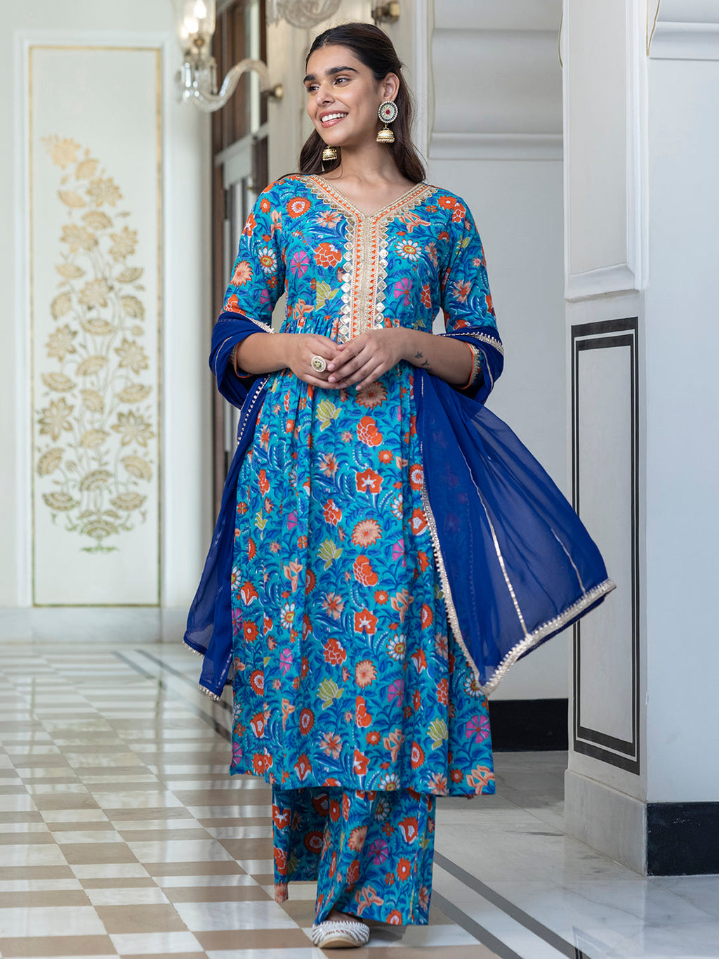 Janasya Women's Sky blue Cotton Embellished Ethnic Printed Festive Flared Kurta Set