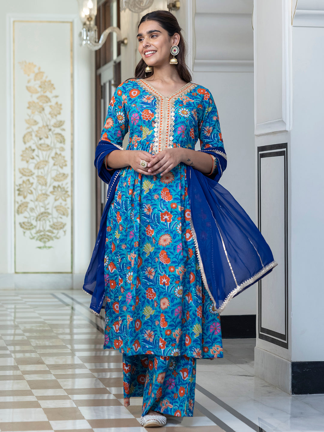 Janasya Women's Sky blue Cotton Embellished Ethnic Printed Festive Flared Kurta Set