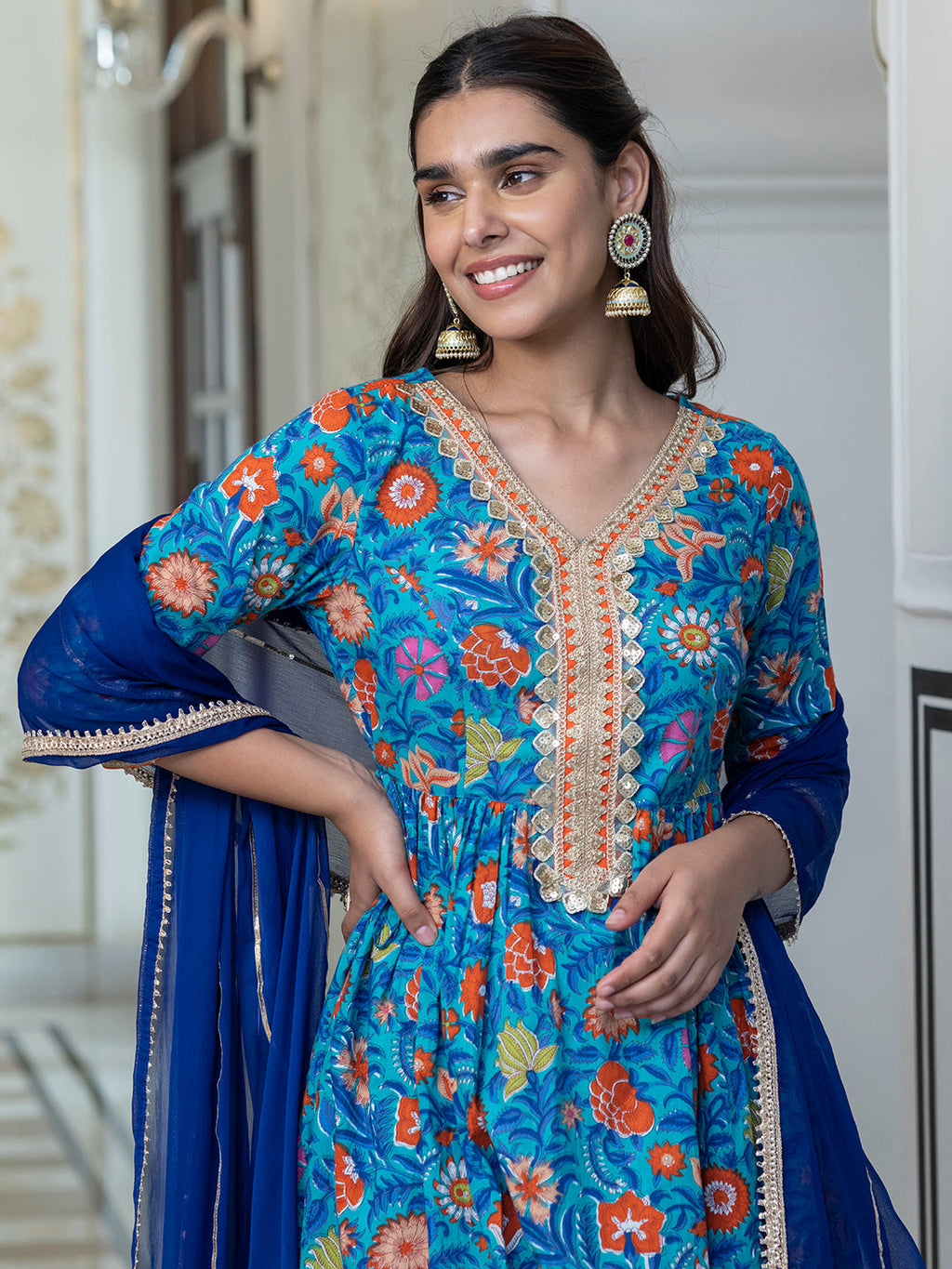 Janasya Women's Sky blue Cotton Embellished Ethnic Printed Festive Flared Kurta Set