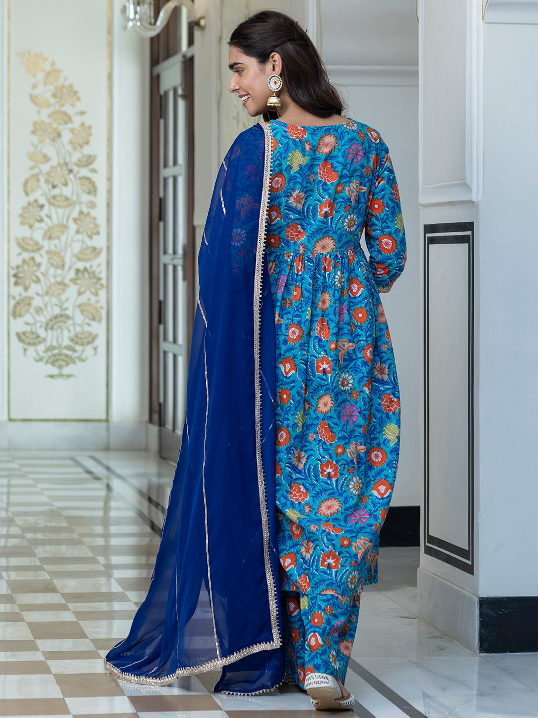 Janasya Women's Sky blue Cotton Embellished Ethnic Printed Festive Flared Kurta Set