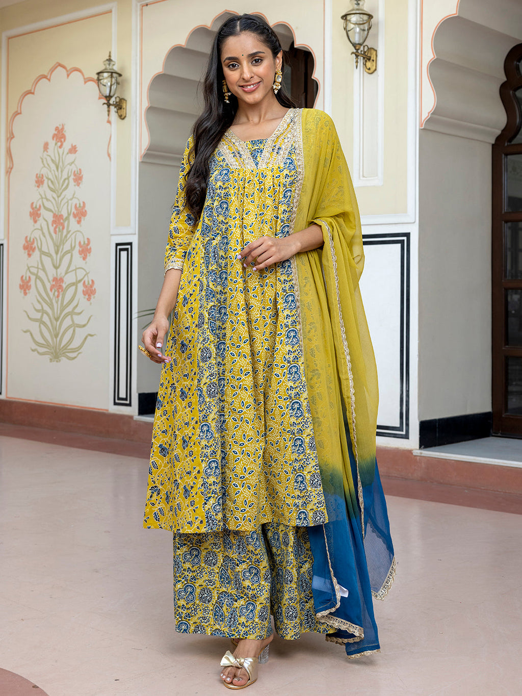 Janasya Women's Lime Green Cotton Embellished Ethnic Printed Festive Flared Kurta Set
