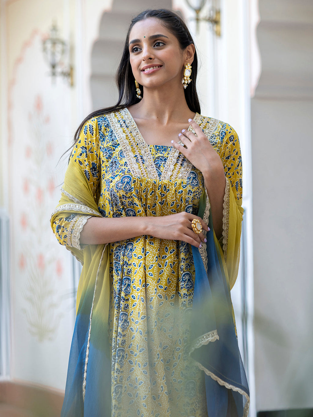 Janasya Women's Lime Green Cotton Embellished Ethnic Printed Festive Flared Kurta Set