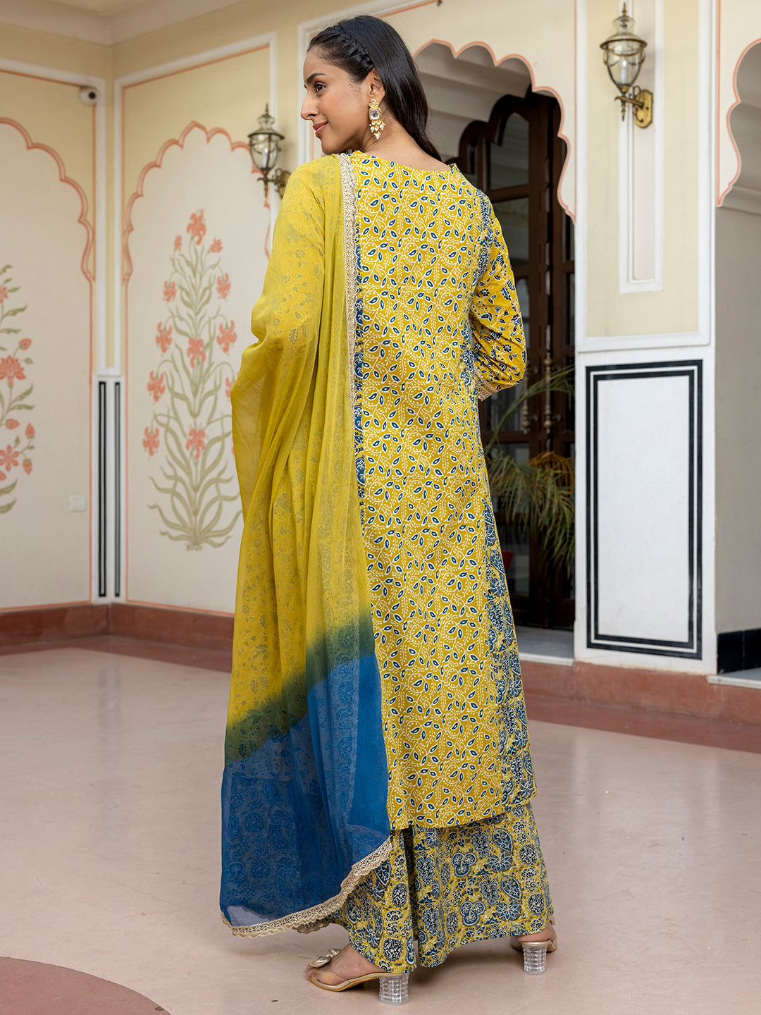 Janasya Women's Lime Green Cotton Embellished Ethnic Printed Festive Flared Kurta Set