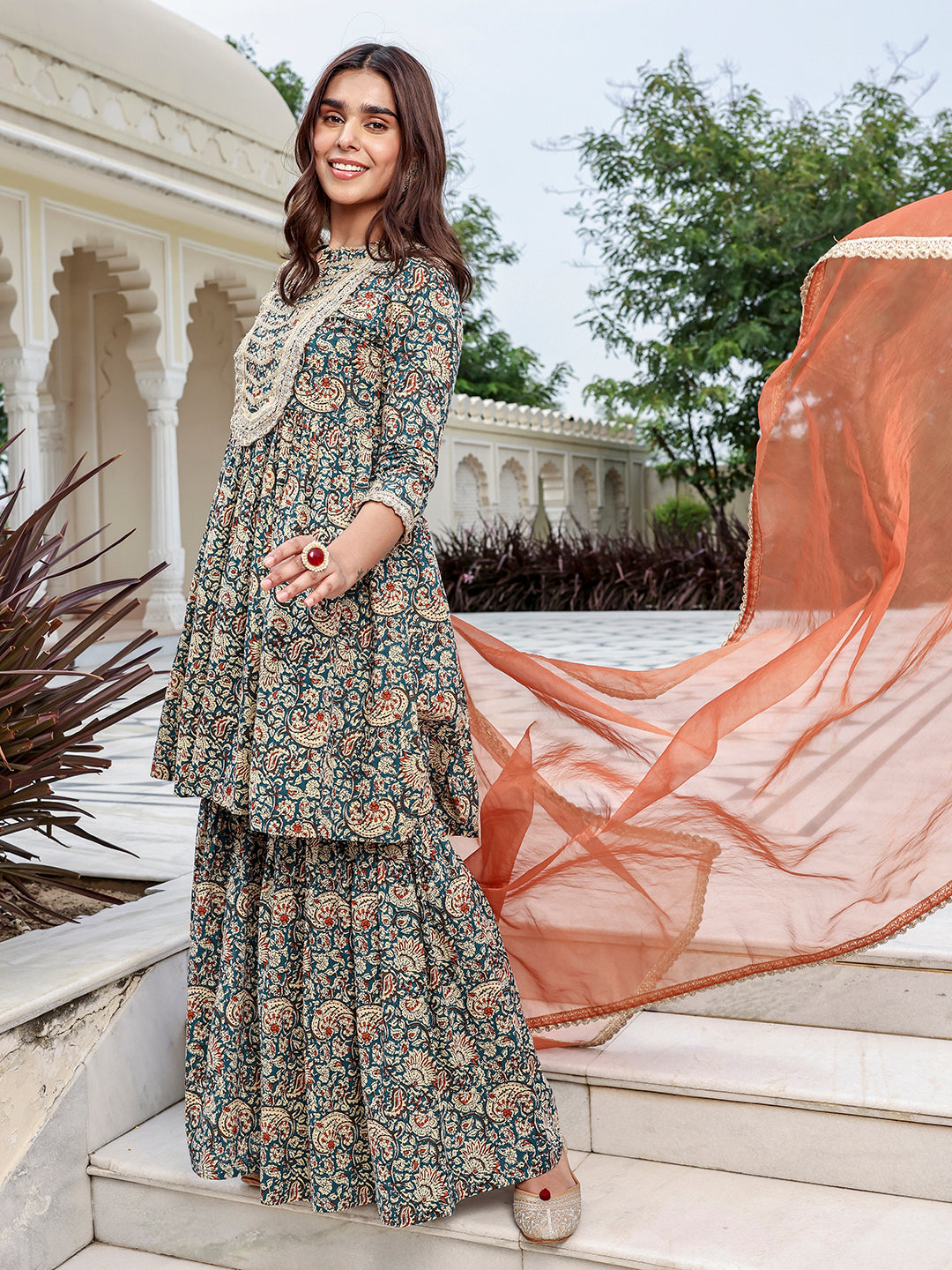 Janasya Women's Teal Blue Cotton Embellished Festive Flared Short Kurta Set