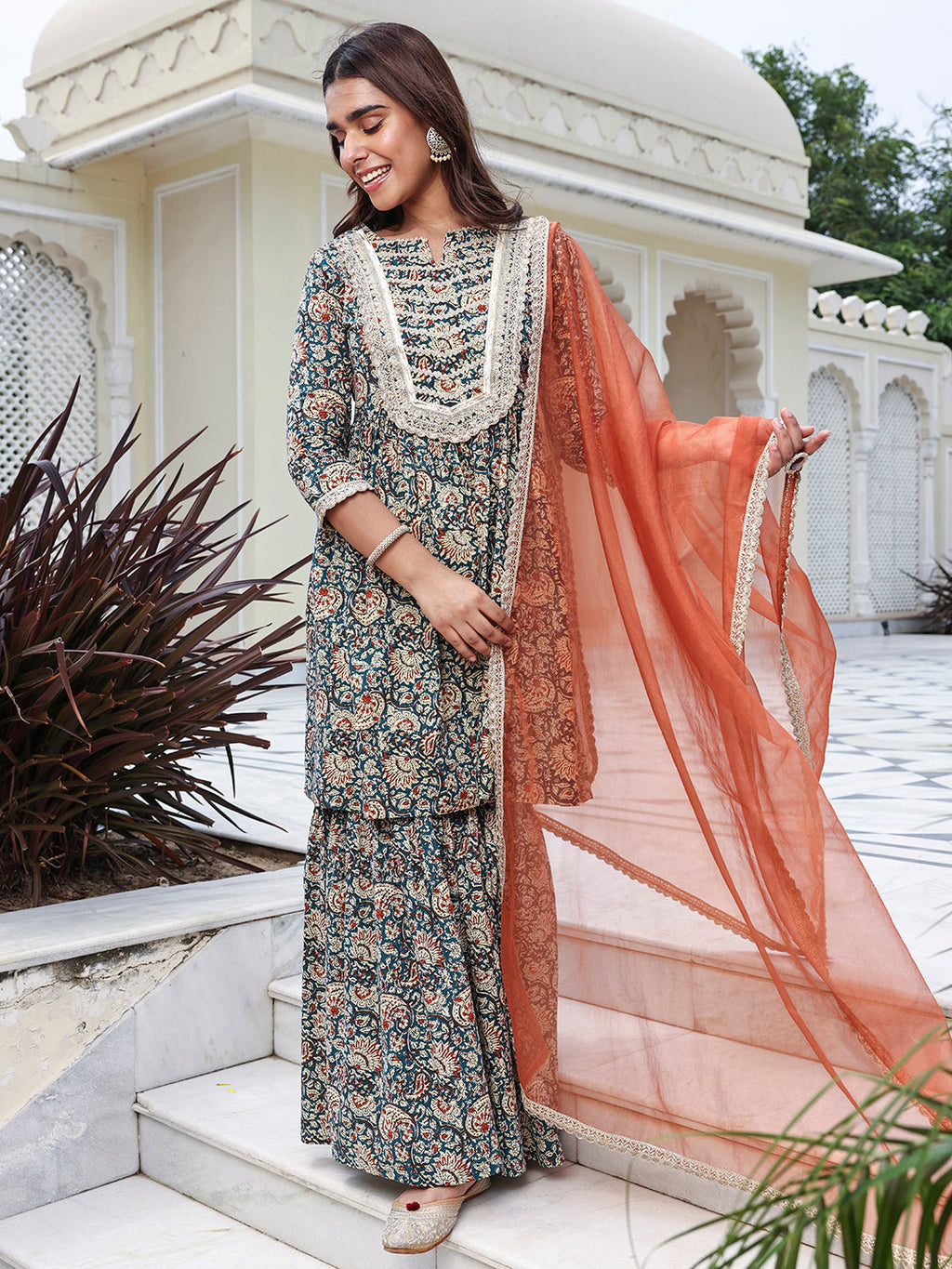 Janasya Women's Teal Blue Cotton Embellished Festive Flared Short Kurta Set