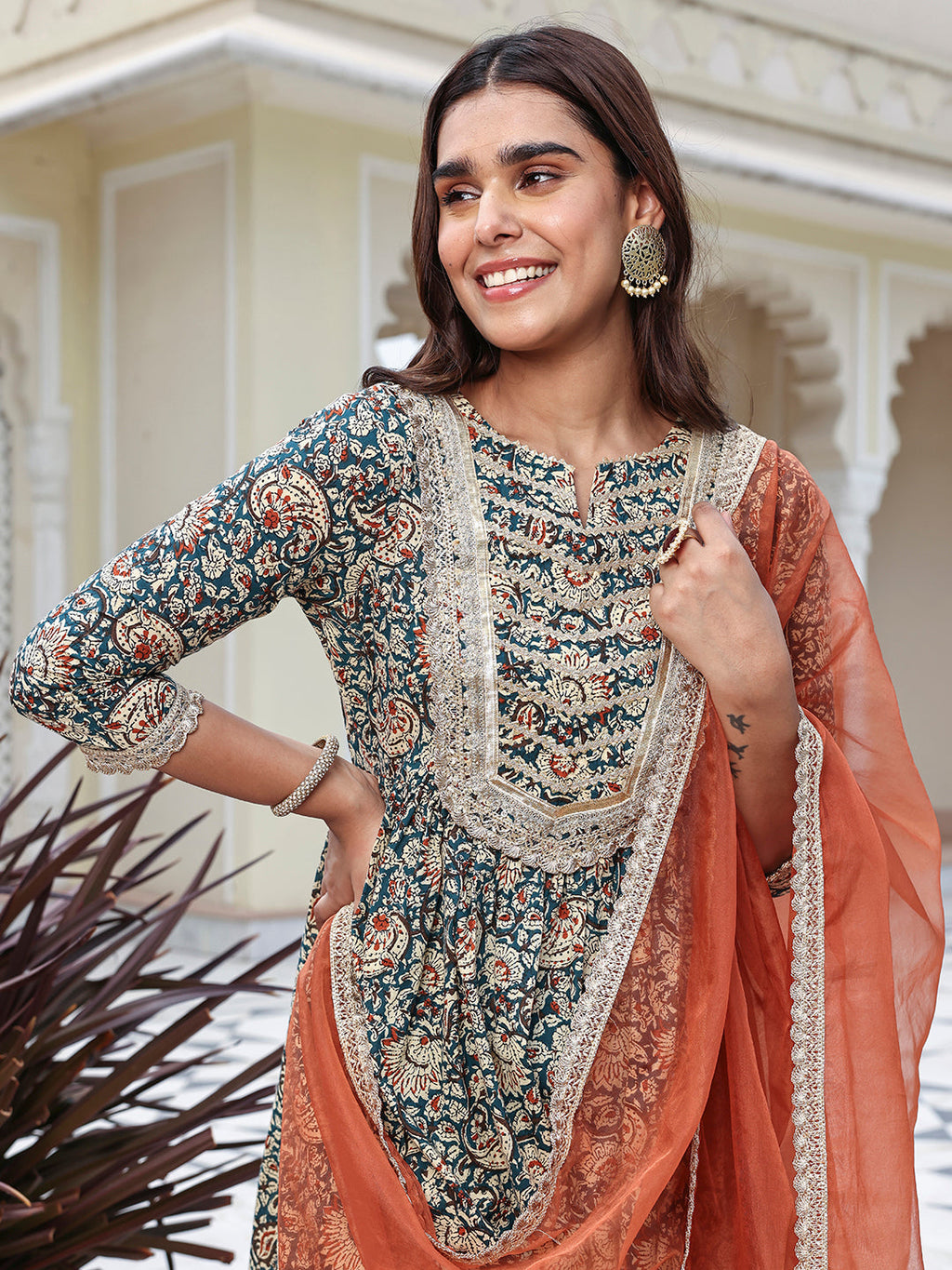 Janasya Women's Teal Blue Cotton Embellished Festive Flared Short Kurta Set