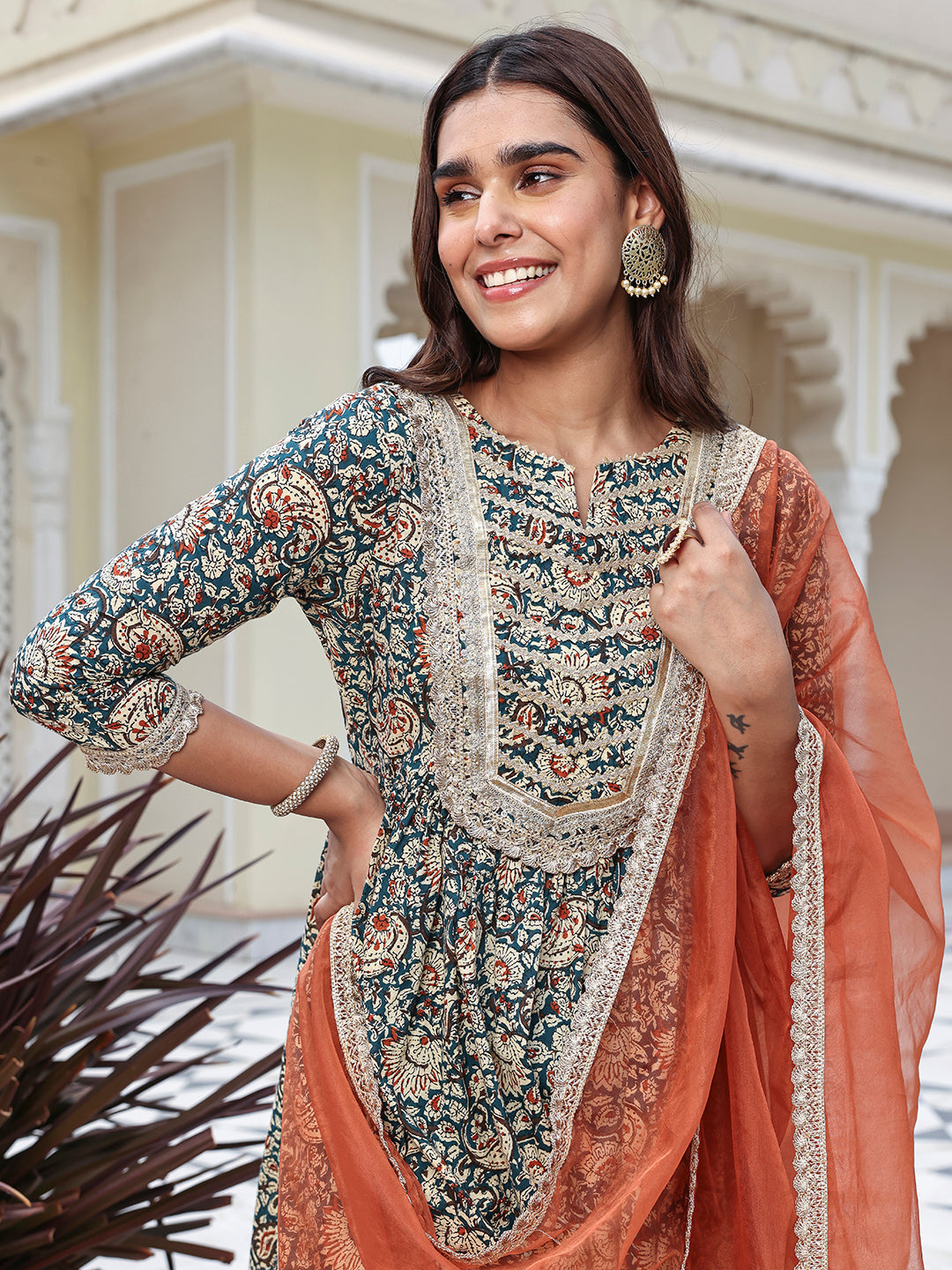Janasya Women's Teal Blue Cotton Embellished Festive Flared Short Kurta Set