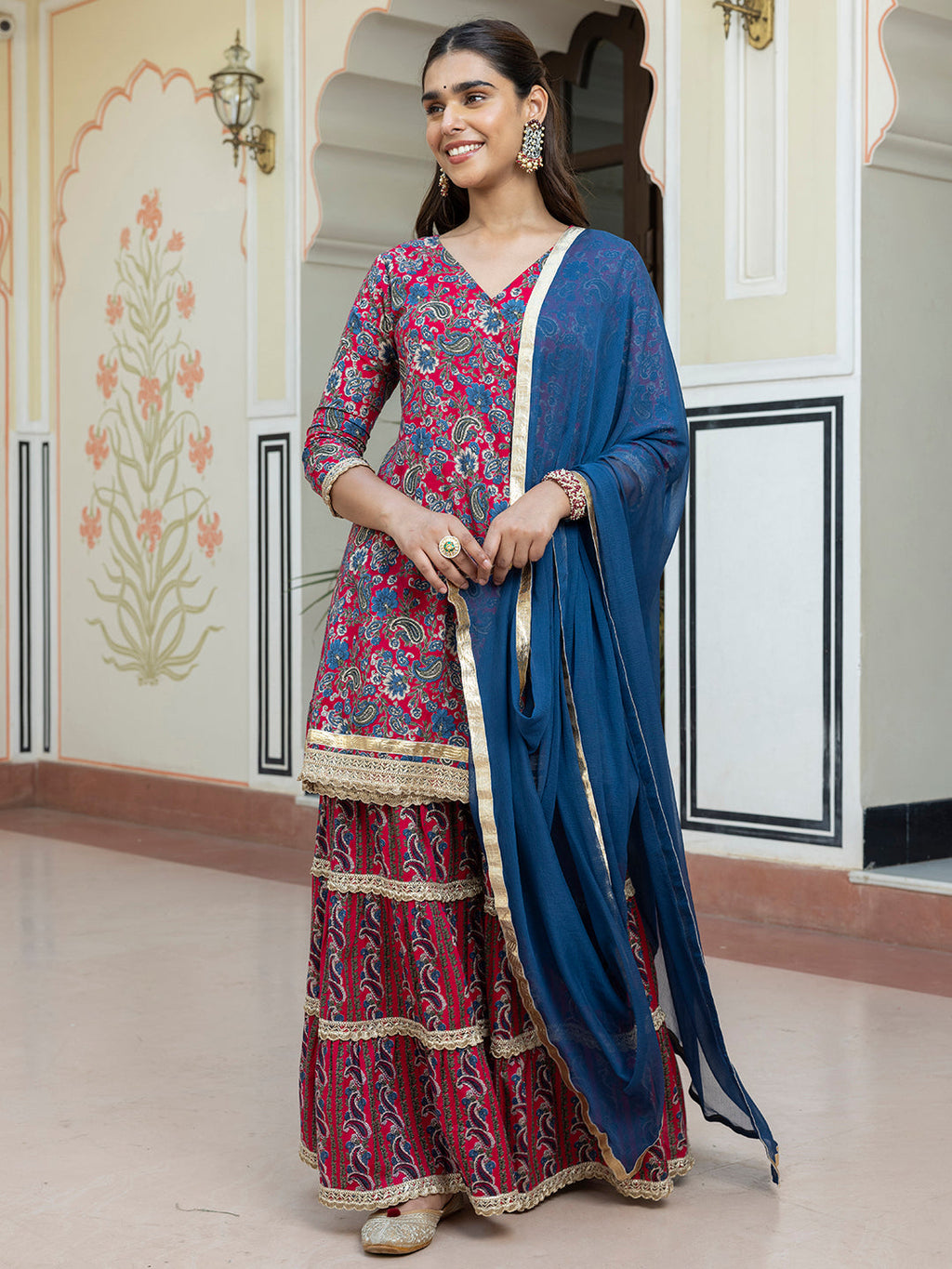 Janasya Women's Wine Cotton Ethnic Printed Festive Short Kurta Set